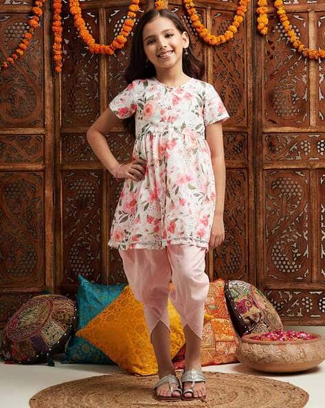 Pspeaches Girls Floral Print A-Line Kurta with Dhoti Pants