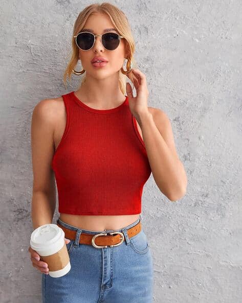 WOMENSTER Women Ribbed Slim Fit Crop Top