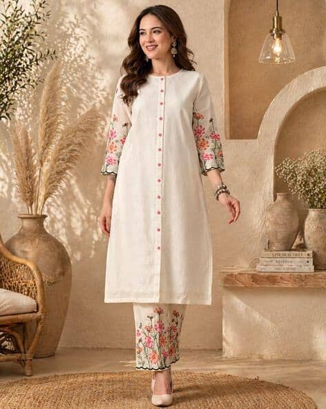 Indie Picks Women Floral Embroidered Round-Neck Straight Kurta & Palazzos Set