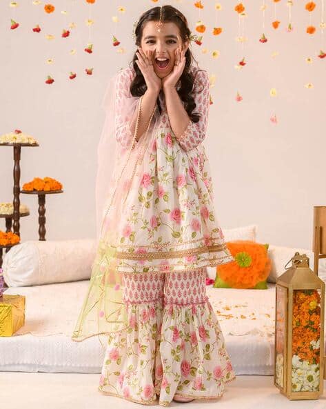 Pspeaches Floral Print Kurta Sharara with Dupatta Set