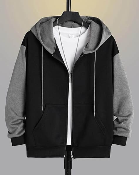 POSHAX Men Colourblock Relaxed Fit Zip-Front Hoodie