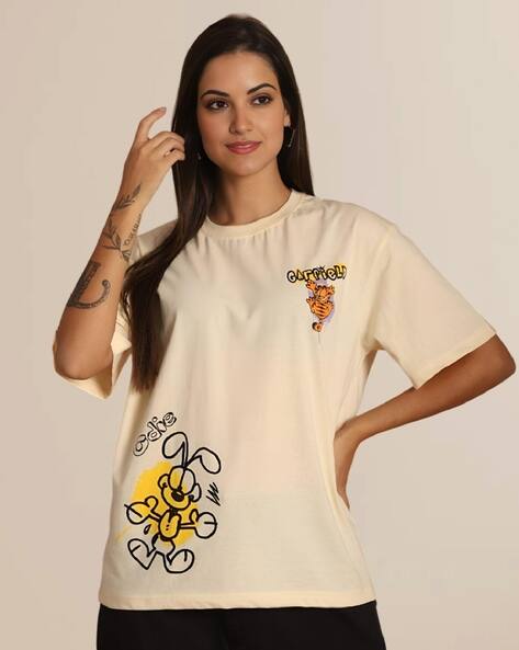 TROMKO Women Garfield Print Oversized Fit Crew-Neck T-Shirt