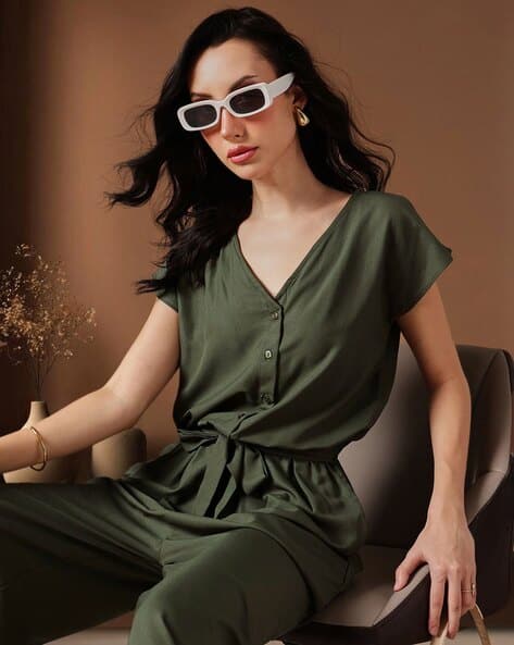 Women V-Neck Jumpsuit with Waist Tie-Up