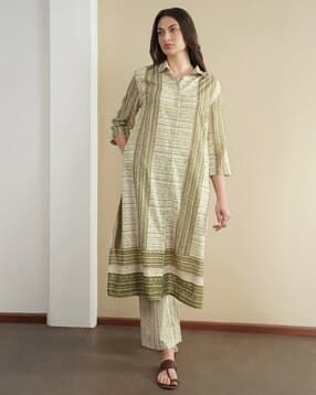 Women Cotton Striped Shirt Collar Kurta Set-image-9