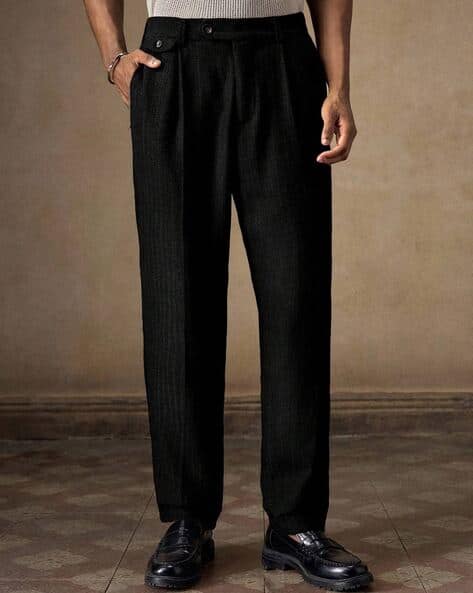 POSHAX Men Relaxed Fit Pleated Trousers