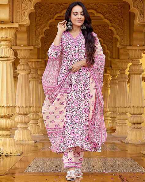 Royal Export X AG Women Floral Print Flared Kurta & Pants with Dupatta Set