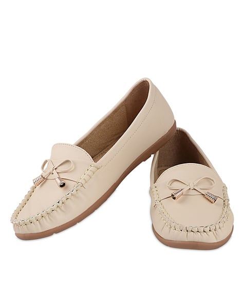 Shoetopia Embellished Loafers with Stitches & Bow