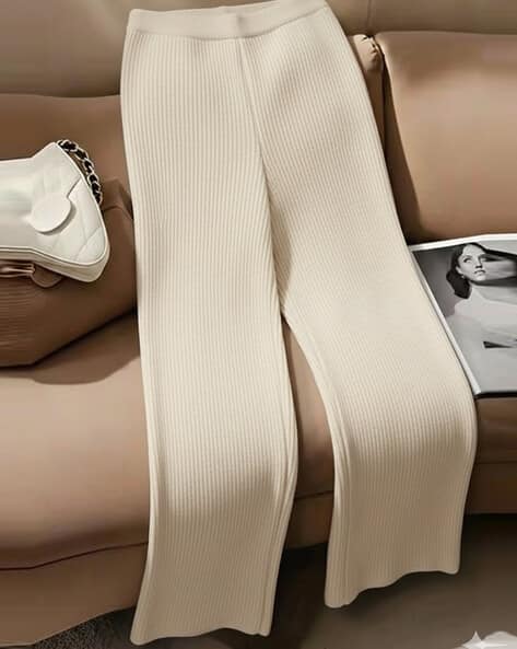 Fabflee X AG Women Ribbed Relaxed Fit Flat-Front Trousers