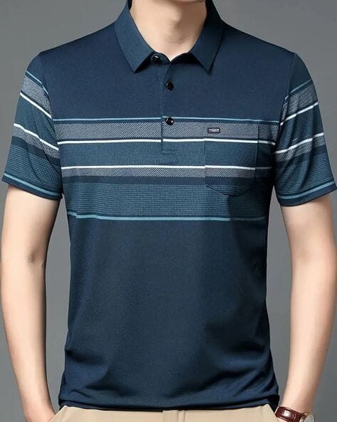POSHAX Men Striped Regular Fit Polo T-Shirt with Patch Pocket