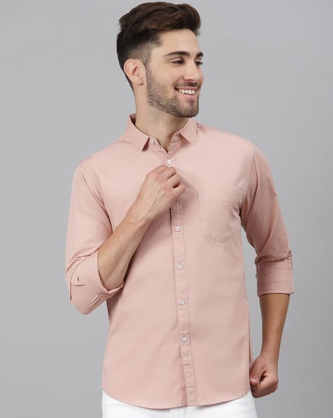 rose gold dress shirt Rose Golden Solid Satin Men's Long Sleeve Dress Shirt, S main image 0