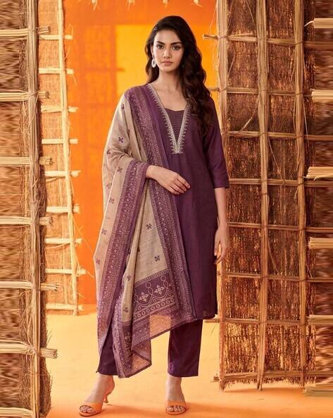 Fabzoo Women Embroidered Straight Kurta Set with Dupatta