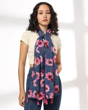 Women Floral Print Scarf with Tassels-image-17