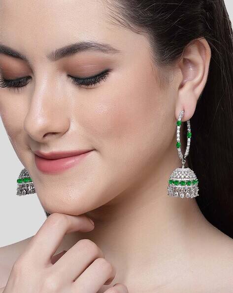 Karatcart Women Silver-Plated Cubic Zirconia Jhumki Earrings