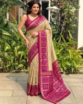 indie picks Ikat Badhni Foil Printed Soft Cotton Silk Saree with Running Blouse-picture-11