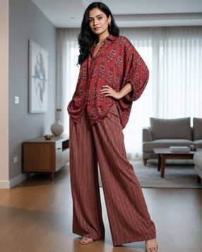 Ajrakh Print Shirt with Striped Wide-Leg Pants Co-Ord Set-image-21