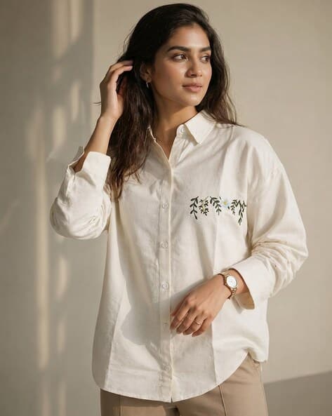 Buda Jeans Co Women Embroidered Shirt Oversized Fit Shirt