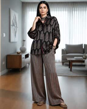 Ajrakh Print Shirt with Striped Wide-Leg Pants Co-Ord Set-image-28