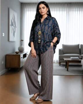indie picks Ajrakh Print Shirt with Striped Wide-Leg Pants Co-Ord Set-picture-20