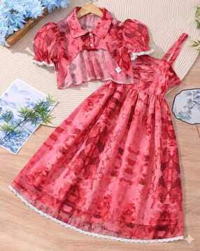 Girls Printed Fit & Flare Dress with Jacket-image-43