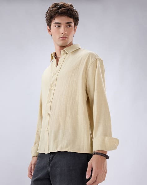 Vastrado Men Boxy Fit Spread-Collar Crop Shirt Beige - Image 2