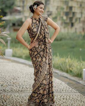 indie picks Floral Print Soft Linen Mulmul Cotton Saree -picture-3