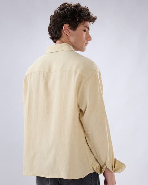 Vastrado Men Boxy Fit Spread-Collar Crop Shirt Beige - Image 3