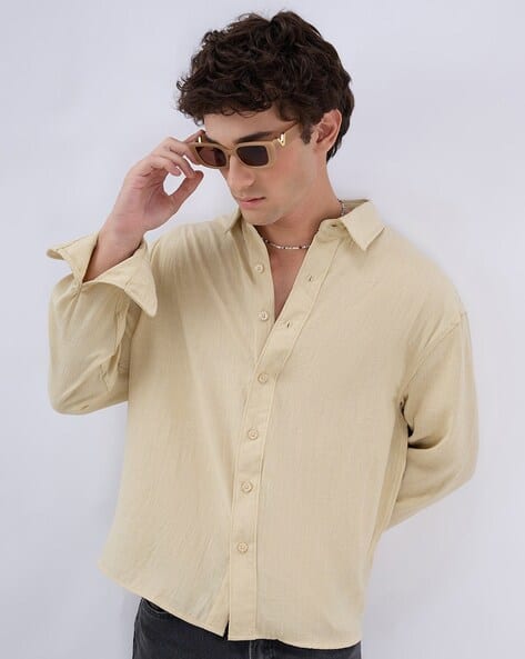 Vastrado Men Boxy Fit Spread-Collar Crop Shirt Beige - Image 1