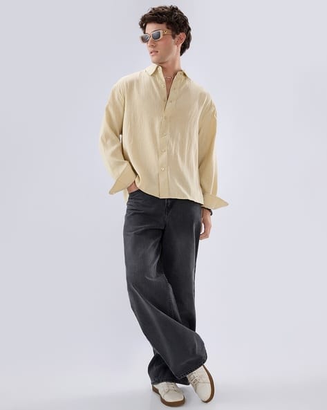 Vastrado Men Boxy Fit Spread-Collar Crop Shirt Beige - Image 4
