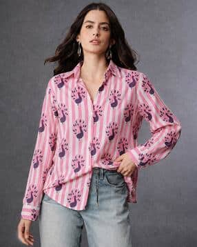 indie picks Striped Peacock Print Relaxed Fit Cotton Shirt-picture-11