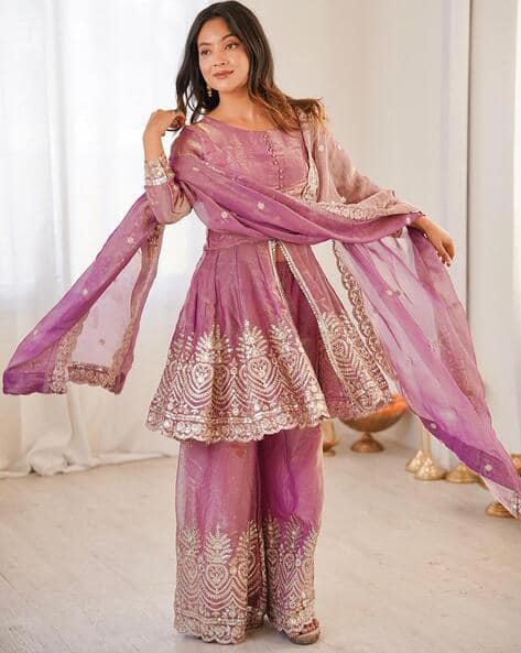 DMUNESH FASHION Embroidered Flared Kurta with Palazzos & Dupatta Set
