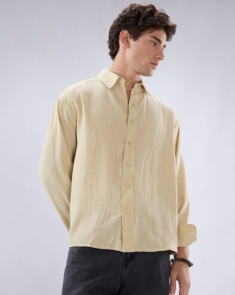 Vastrado Men Boxy Fit Spread-Collar Crop Shirt Beige - Image 7