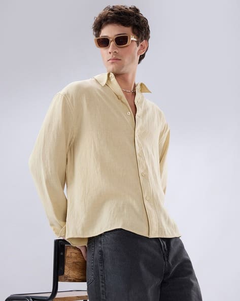 Vastrado Men Boxy Fit Spread-Collar Crop Shirt Beige - Image 5