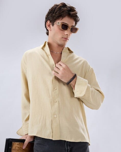 Vastrado Men Boxy Fit Spread-Collar Crop Shirt Beige - Image 6
