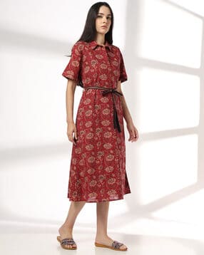 Women Floral Print Shirt Dress with Belt-image-44