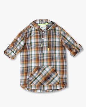 point cove Boys Checked Relaxed Fit Hooded Shirt with Kangaroo Pocket-picture-21