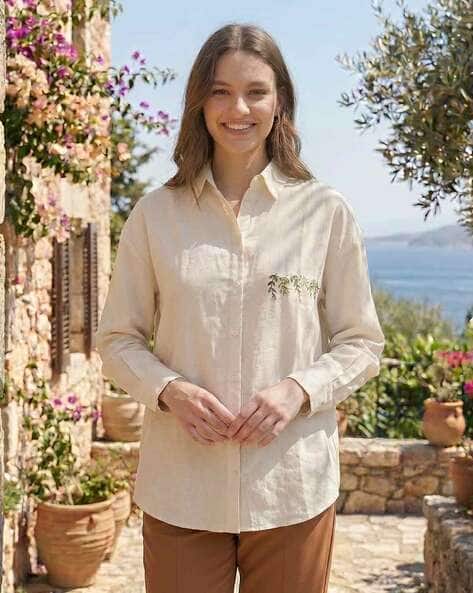 Fyre Rose Women Embroidered Oversized Fit Top with Collar Neck