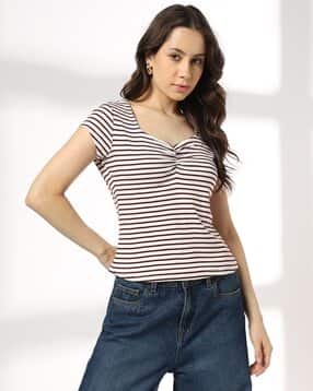 rio Women Striped Slim Fit Sweetheart-Neck T-Shirt-picture-30