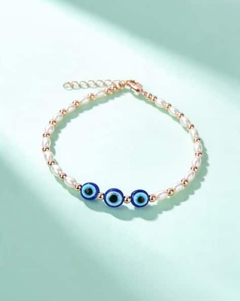 Touch925 Girls Sterling Silver Rose Gold-Plated Evil-Eye Pearl Bracelet