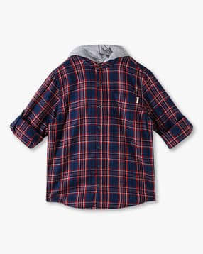 point cove Boys Checked Relaxed Fit Hooded Shirt with Patch Pocket-picture-18