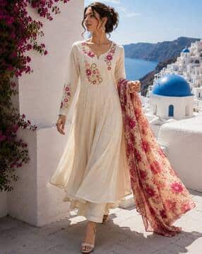 indie picks Embroidered A-Line Kurta with Pants & Dupatta Set-picture-48