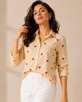 indie picks Striped Button-Down Shirt with Heart Print-picture-36