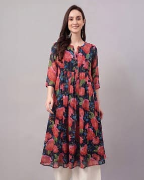janasya Women Floral Print Chiffon Gathered Flared Kurta-picture-29