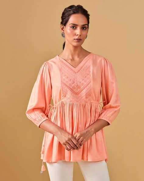 Global Desi Women Embroidered V-Neck Top