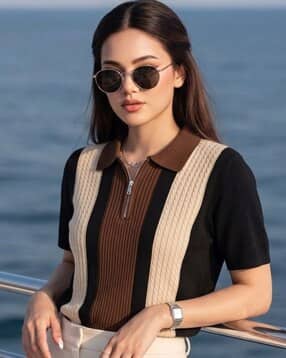 Women Striped Polo T-Shirt with Short Sleeves-image-18