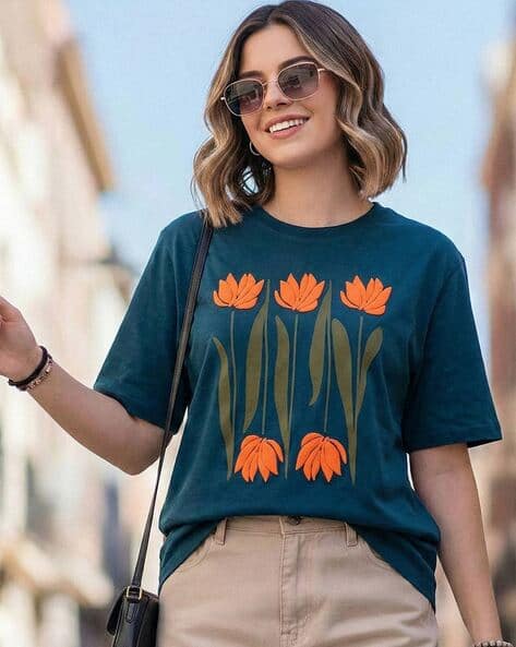 XQsee Women Graphic Print Oversized Crew-Neck T-Shirt