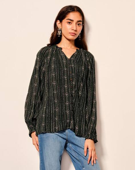 Global Desi Women Geometric Print V-Neck Top