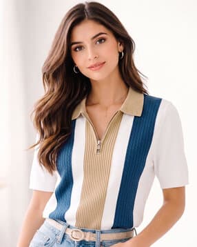 buda jeans co Women Striped Polo T-Shirt with Short Sleeves-picture-10