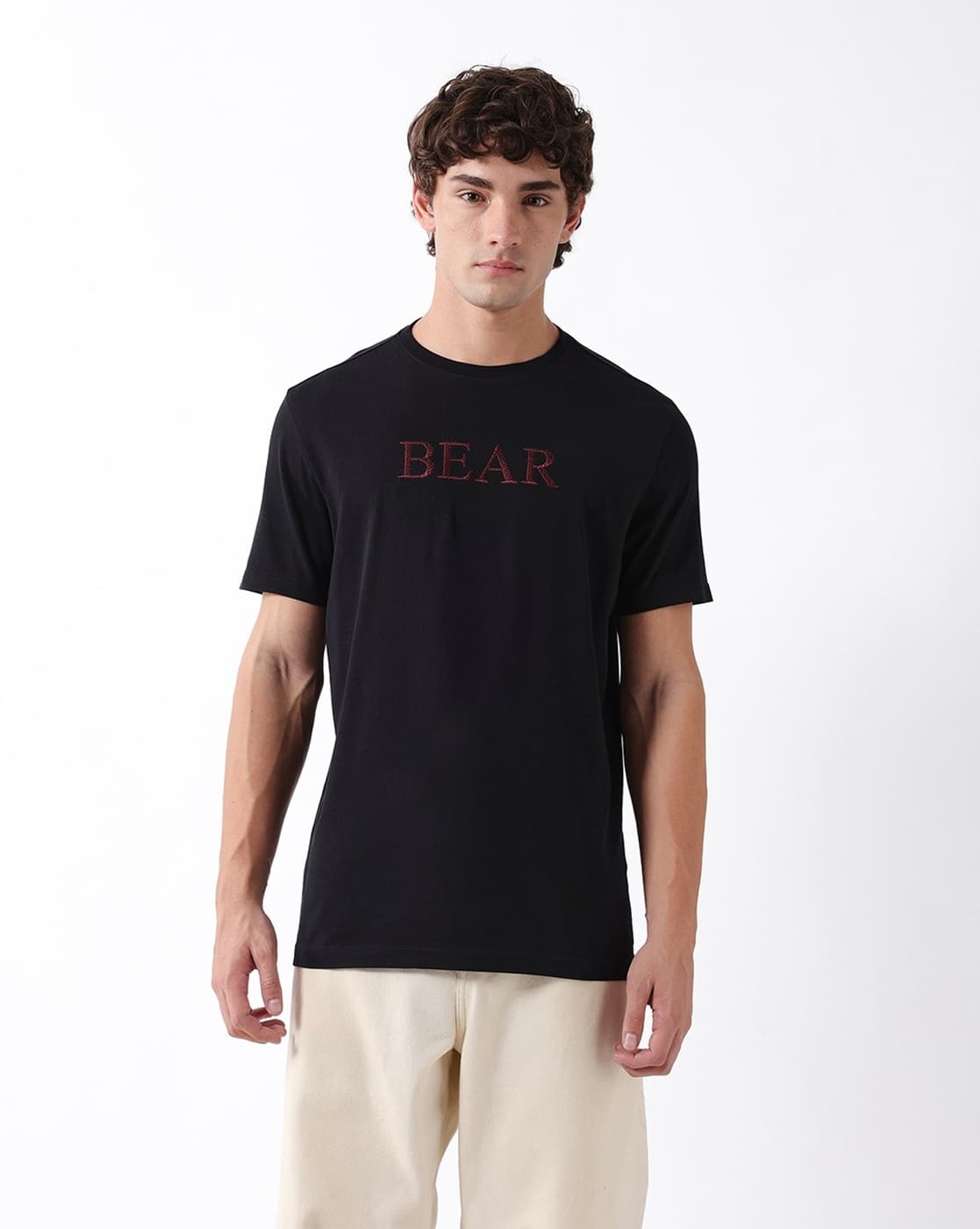 Men Cotton Slim Fit Bear Embroidered Round Neck T-Shirt