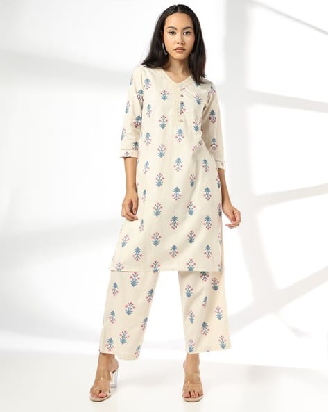 AVAASA MIX N' MATCH Women Floral Print Straight Kurta & Palazzos Set