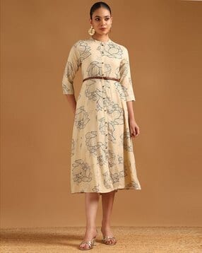 Women Floral Print Band-Collar A-Line Dress-image-6